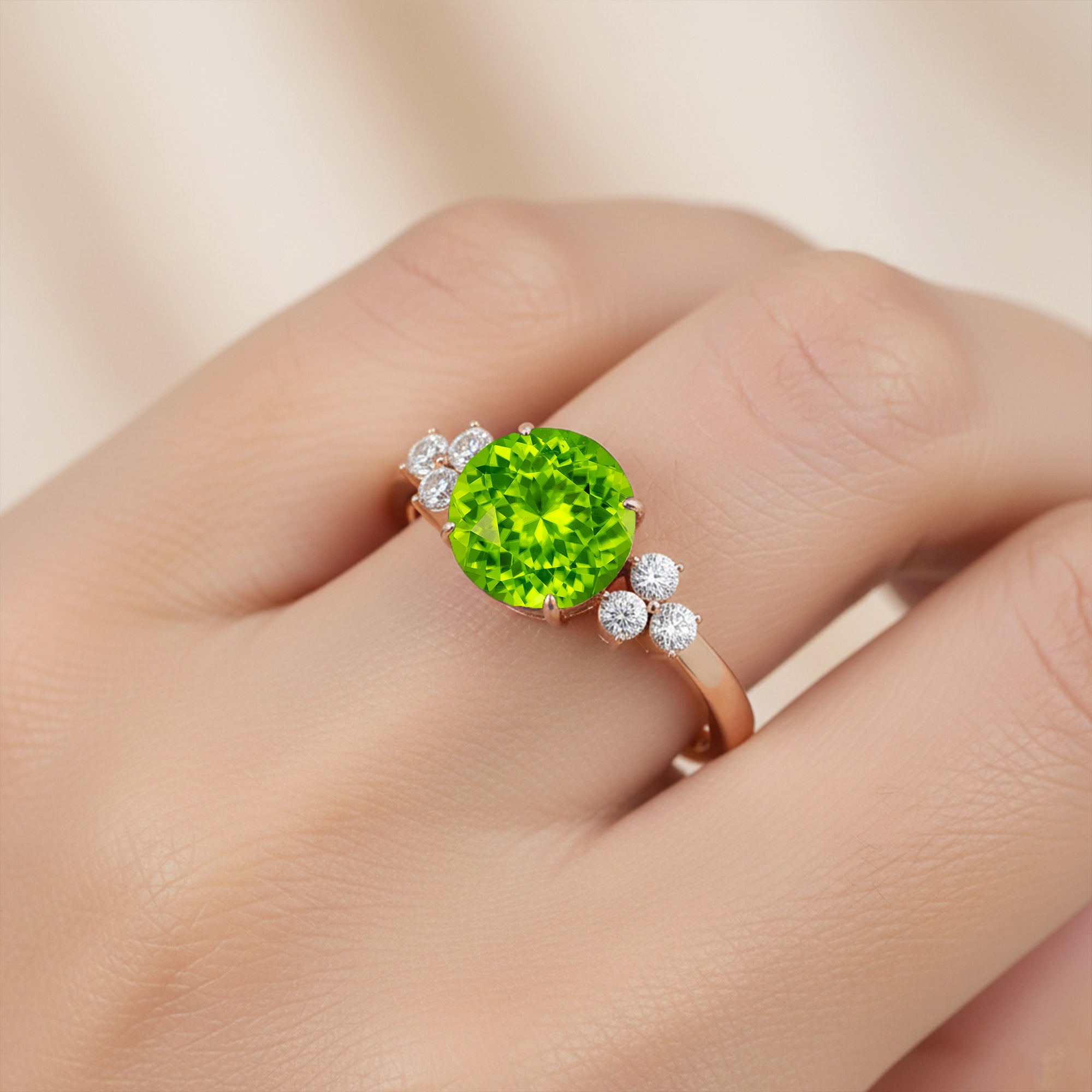 Trio Diamond Engagement Ring with Round Solitaire Peridot - GeumJewels
