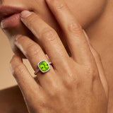 Elongated Cushion Halo Set Peridot Engagement Ring with Diamond Band