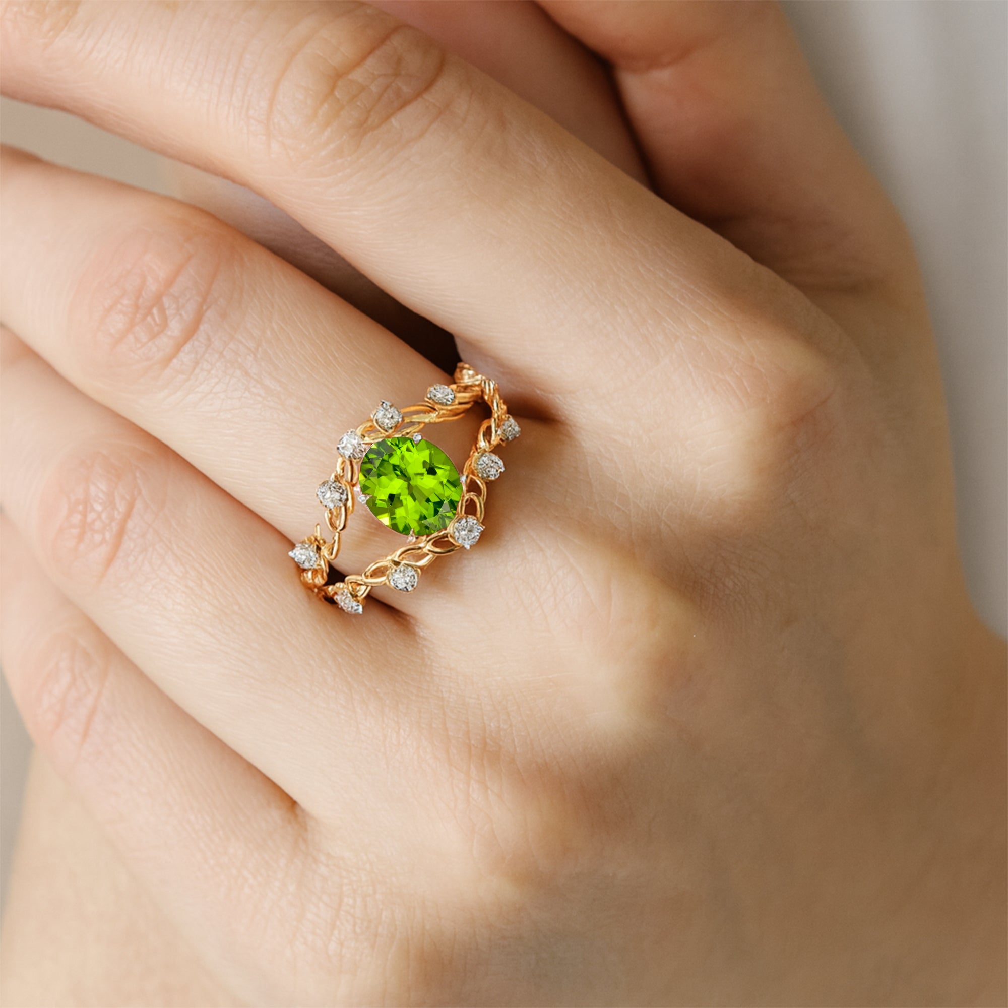 Flower Inspired Ring with Oval Shaped Peridot and Accent Diamonds - GeumJewels