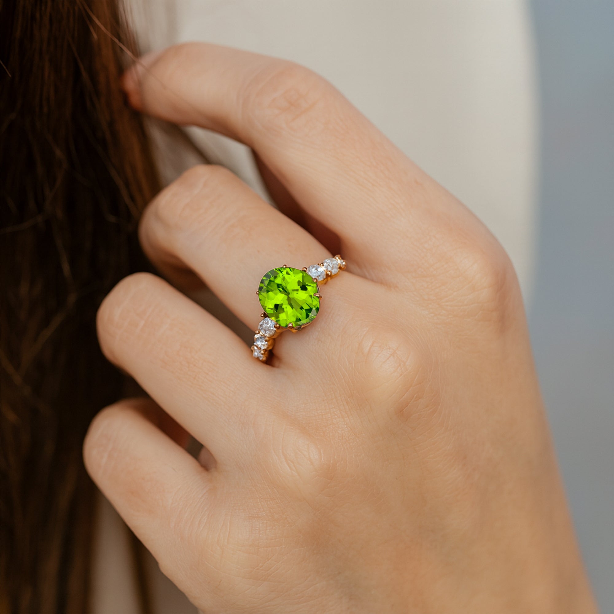Oval Cut Peridot with Graduated Diamonds Ring - GeumJewels