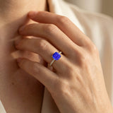 Tanzanite Square Cushion Under Halo Diamonds Thin Ring with Diamond Band - GeumJewels