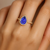 Classic Pear Shaped Tanzanite Halo Diamond Engagement Ring - GeumJewels
