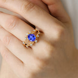 Flower Inspired Ring with Oval Shaped Tanzanite and Accent Diamonds - GeumJewels