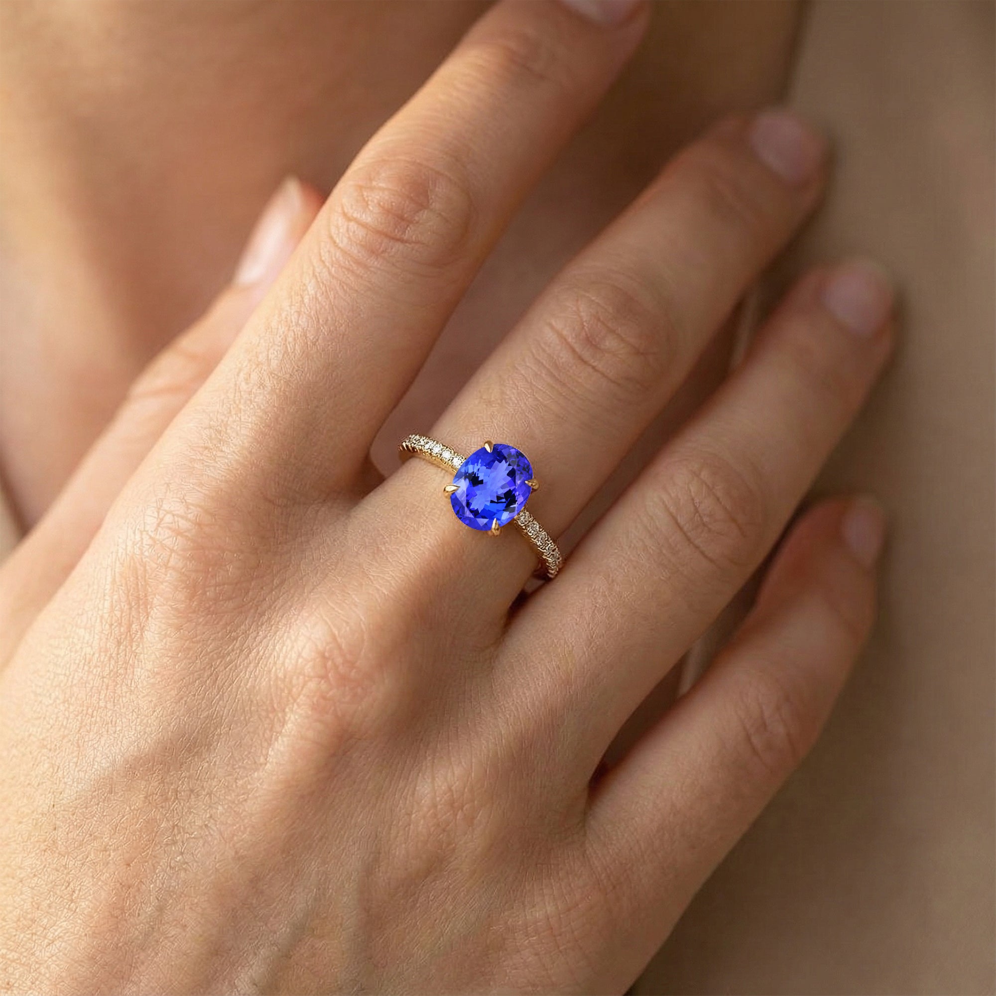 Oval Solitaire Tanzanite with Accent Diamonds Engagement Ring - GeumJewels