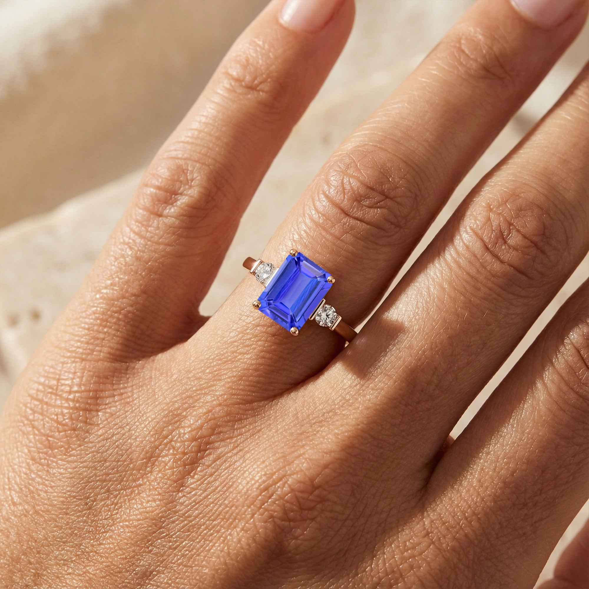 Emerald Cut Tanzanite and Diamond Three Stone Ring - GeumJewels