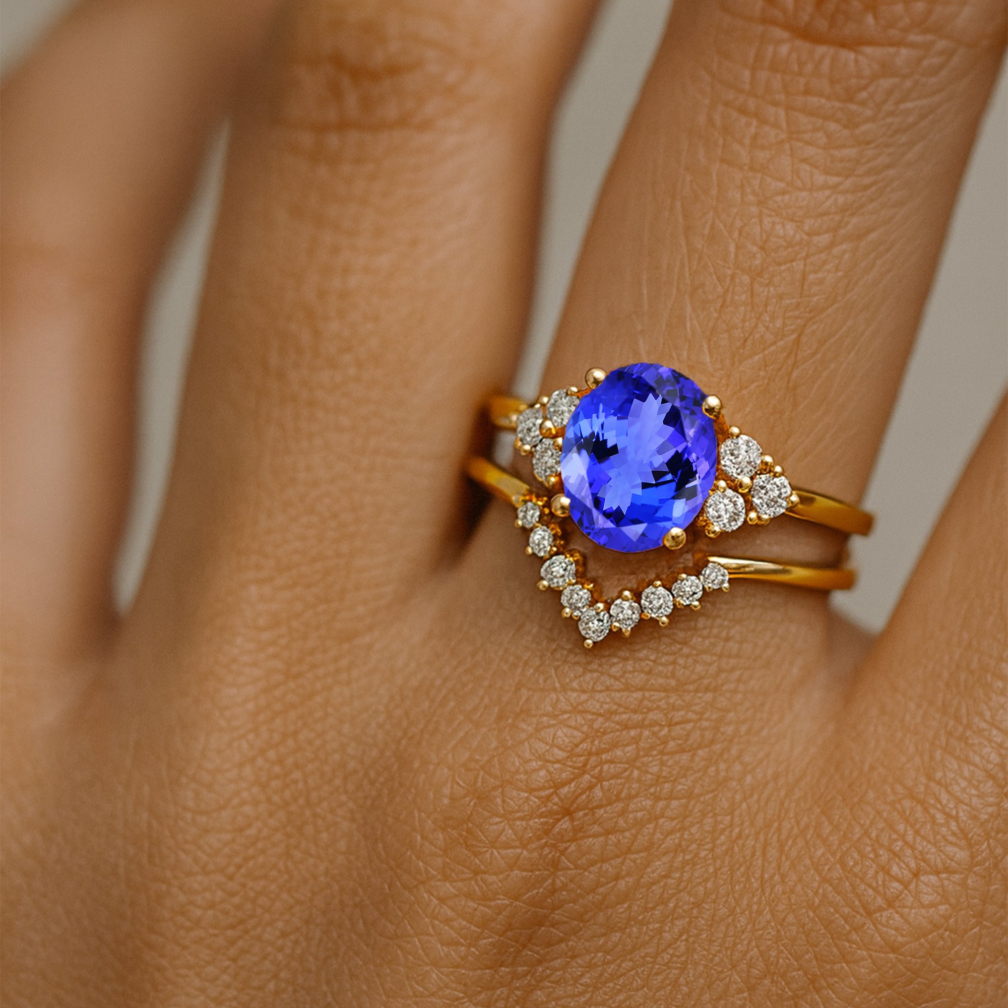 Tanzanite Solitaire Gold Ring With Stackable Diamond Band - GeumJewels