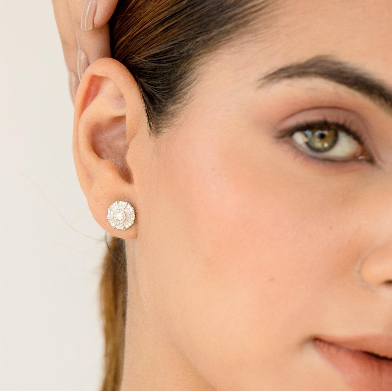 Real Diamond Stud Earring, Delicate White/Yellow Gold Earrings, Rose Gold Designer Earrings - GeumJewels