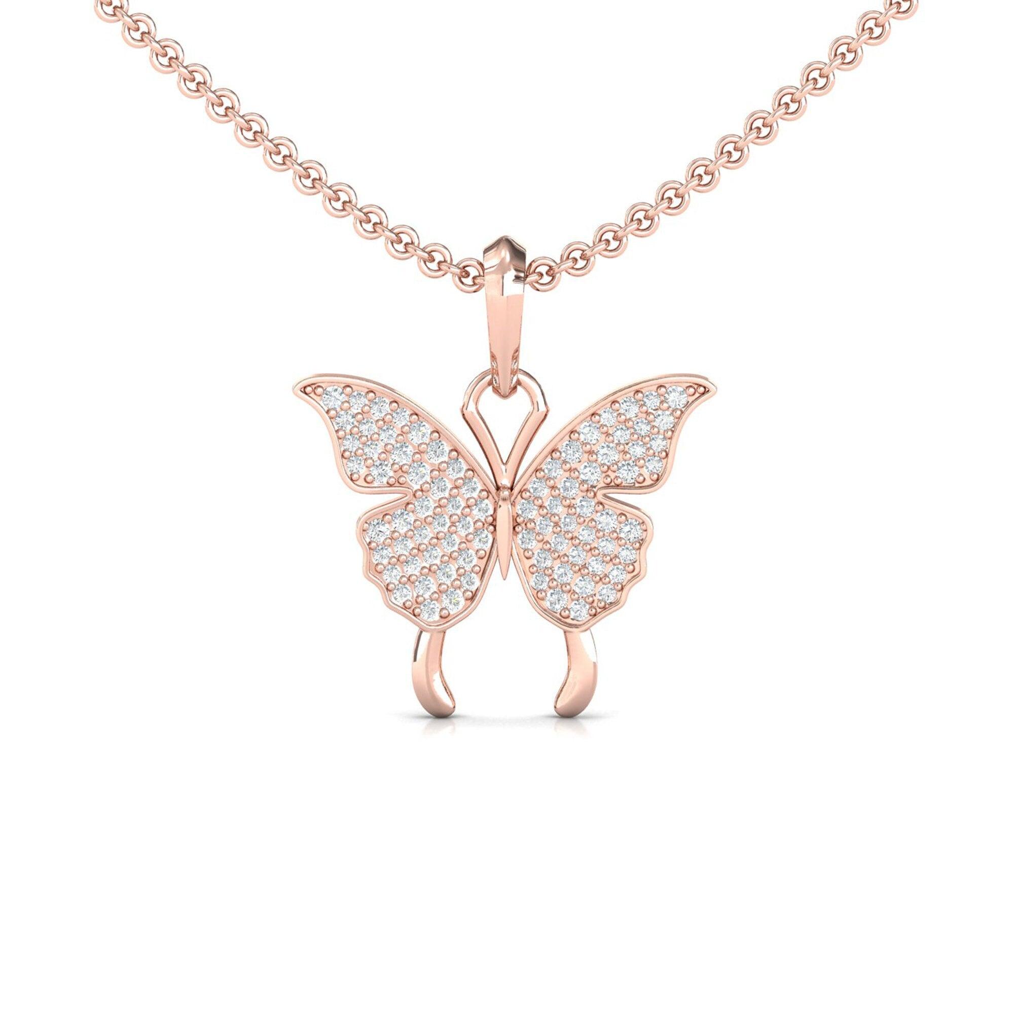 Elegant 18Kt Gold Butterfly Pendant, Natural Diamond Butterfly Pendant - GeumJewels