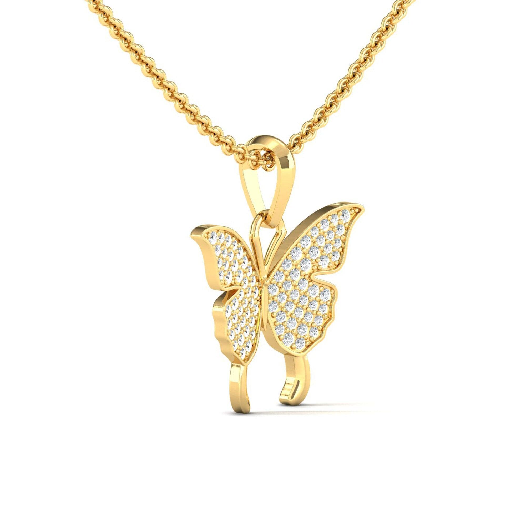 Elegant 18Kt Gold Butterfly Pendant, Natural Diamond Butterfly Pendant - GeumJewels