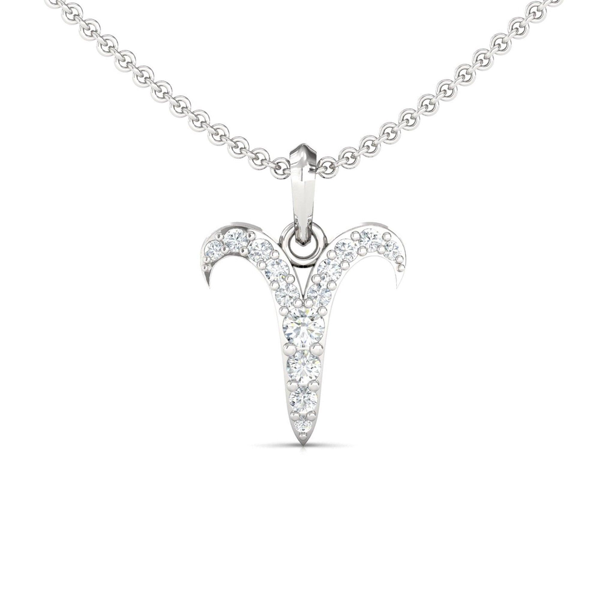 Elegant Aries Zodiac Pendant, 14kt White Gold Pendant, Personalized Natural Diamond Pendant - GeumJewels