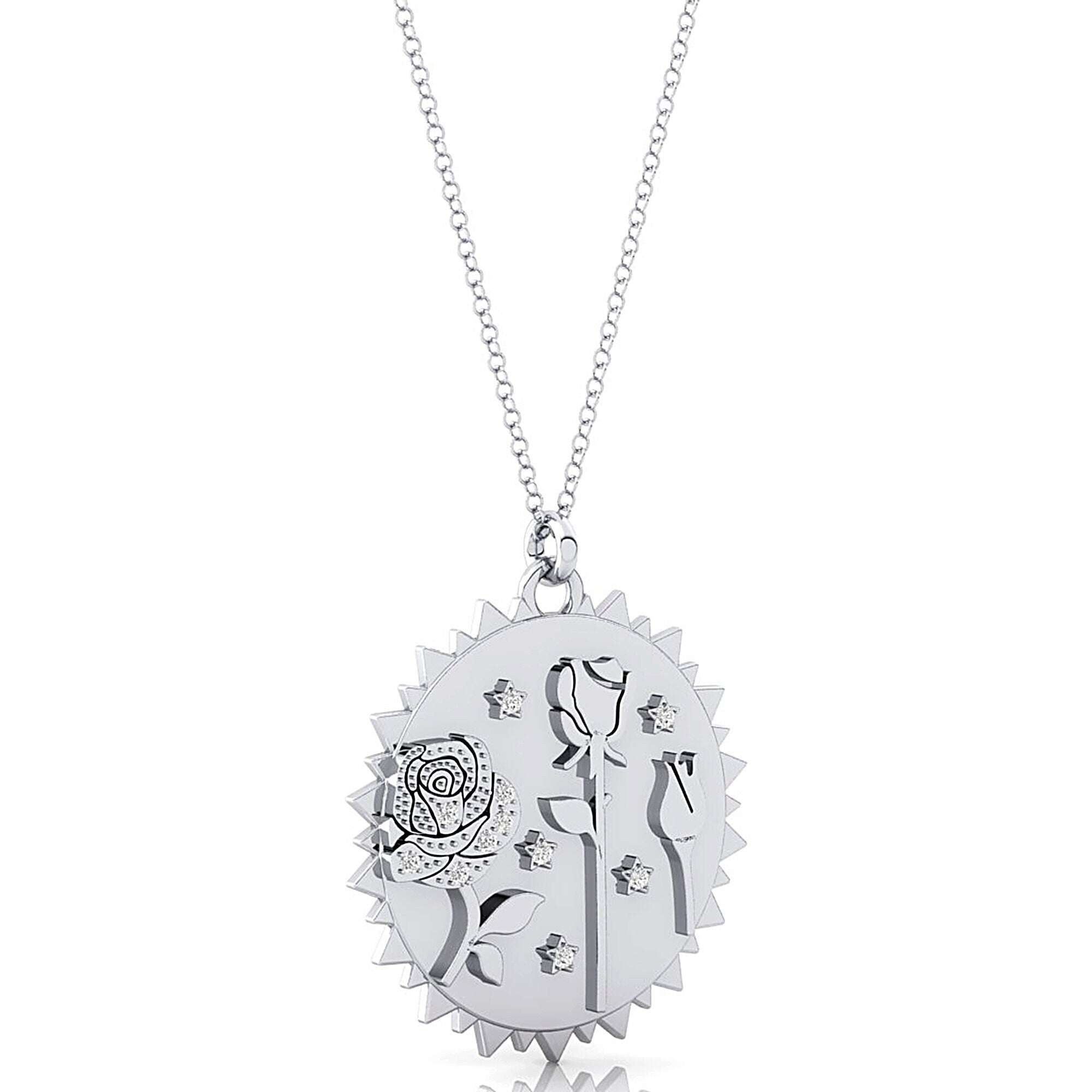 Medieval Rose Carved Diamond Disc Necklace - GeumJewels