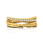 3 Row Gold Ring with Diamond and Twisted Wire Band - GeumJewels