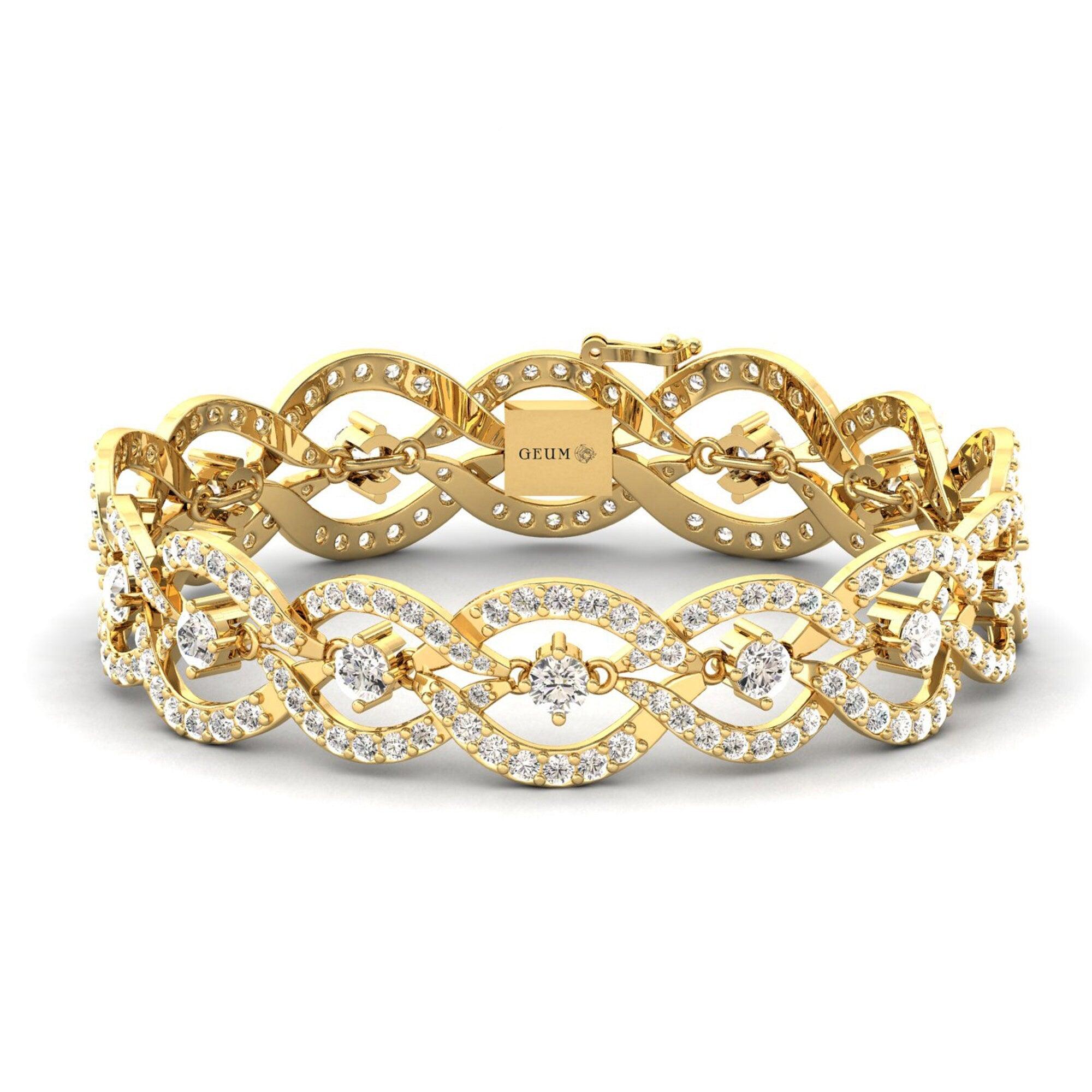 Handmade Rose Gold Cut Bracelet, White/Yellow Gold Bracelet, Real Diamond Modern Bracelet - GeumJewels