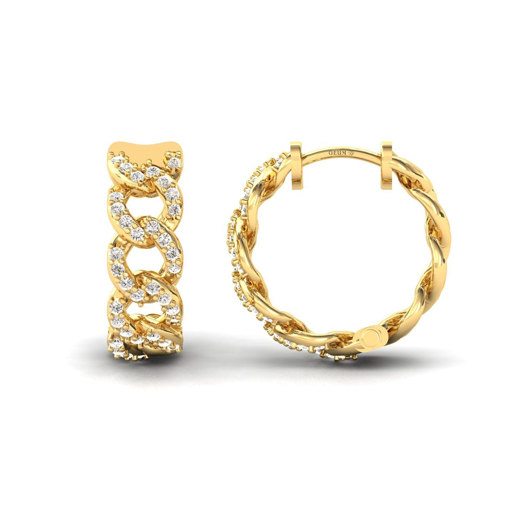 Small Diamond Hoop Earrings, Handmade Gold Earrings, Personalized Yellow/White Gold Earrings, Real Gold Fashion Earrings - GeumJewels