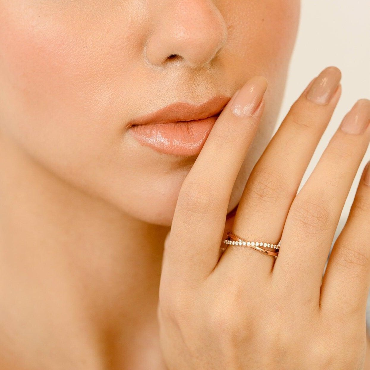 Handmade White Gold Ring, Rose Gold Dainty Ring for Women, Natural White Diamond Ring - GeumJewels