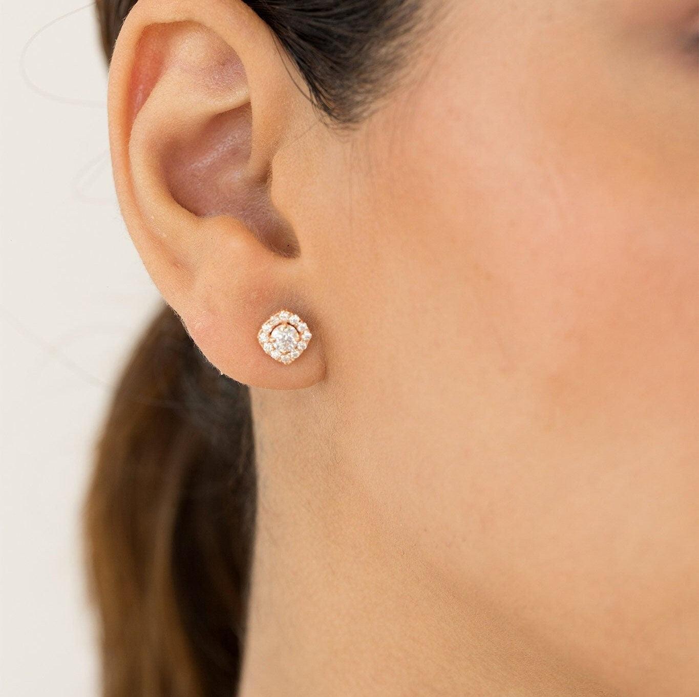 18kt 14kt 10kt Solid Gold Earrings, Designer White Diamond Stud Earrings, Handmade Gold Earrings - GeumJewels