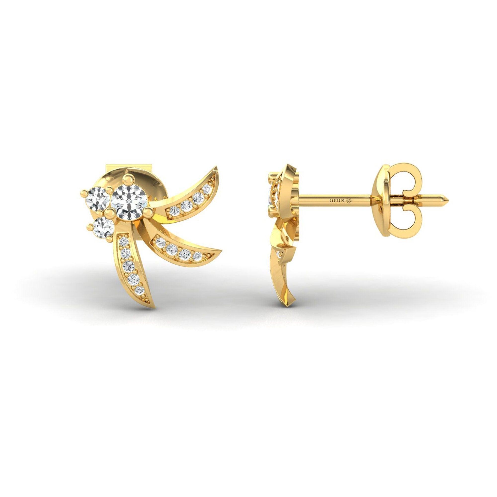 Real Diamond Stud Earring, Yellow/White 10kt 14kt 18kt Gold Earring - GeumJewels