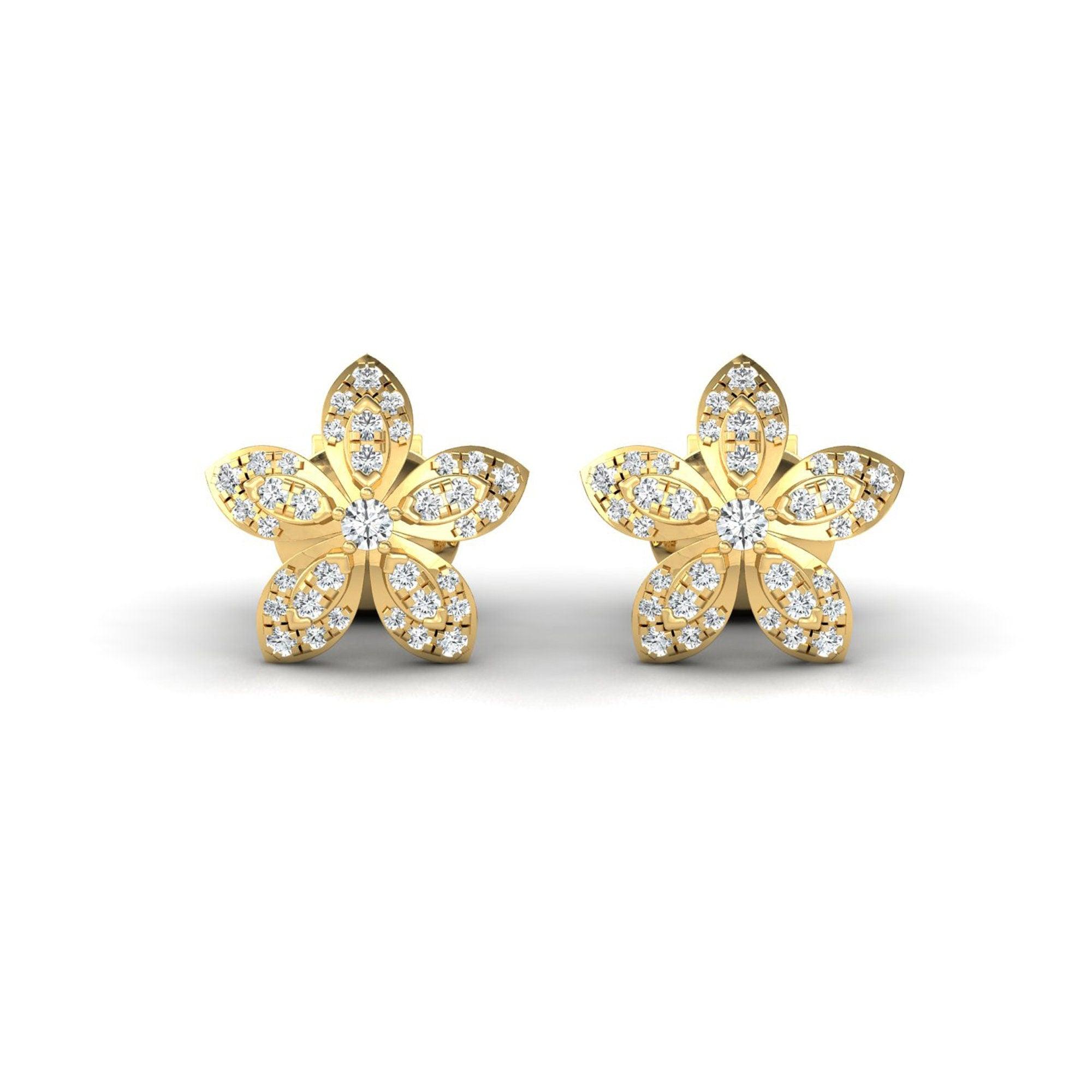 Elegant 18kt Solid Gold Designer Earring, Natural Diamond Studs, Unique Flower Earring for Women - GeumJewels