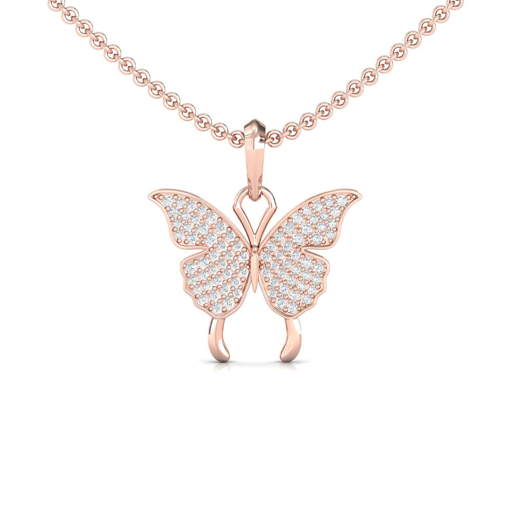 Elegant 18Kt Gold Butterfly Pendant, Natural Diamond Butterfly Pendant - GeumJewels
