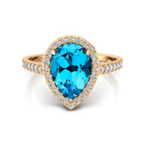 Swiss Blue Topaz Dimond Wedding Ring, Solid Gold Halo Ring, Engagement Promise Ring, December Birthstone Ring