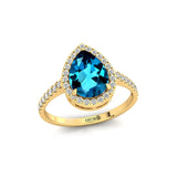 London Blue Topaz Dimond Wedding Ring, Solid Gold Halo Ring, Engagement Promise Ring, Gift For Girlfriend